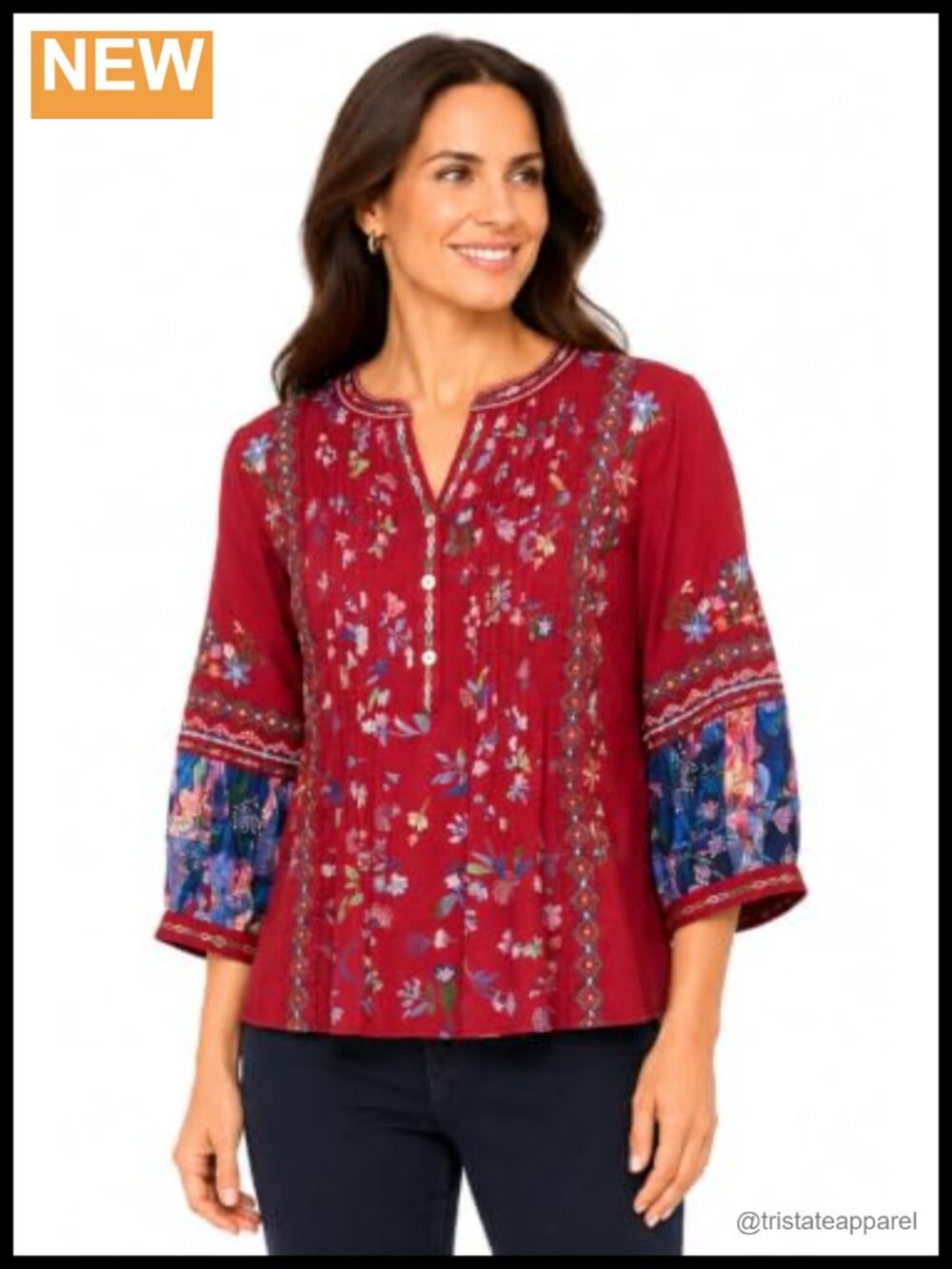 Woven Embroidered Popover Blouse with Pintuck Detailing 3/4 Sleeve